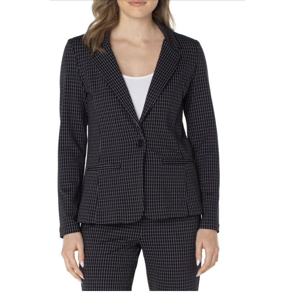 Liverpool Los Angeles Womens Fitted Blazer Size L Black White Grid Plaid Career